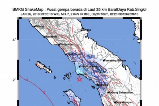 Ilustrasi koordinat gempa di Aceh Singkil, Sabtu malam. 